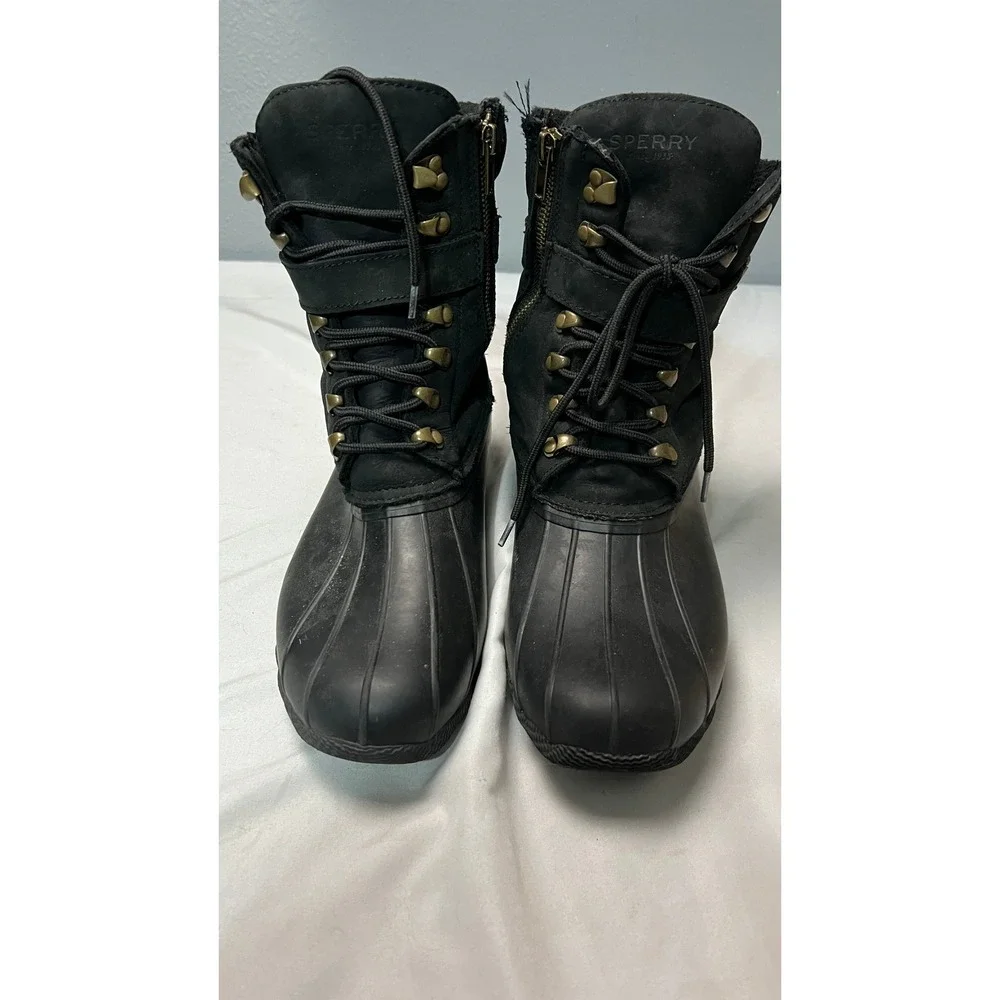 Sperry Saltwater Black Waterproof Duck Boots Women 9.5 STS83220 Side Zip Leather